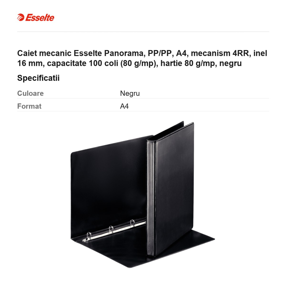 Caiet mecanic Esselte Panorama, PP/PP, A4, mecanism 4RR, inel 16 mm, capacitate 100 coli (80 g/mp), hartie 80 g/mp, negru [3]
