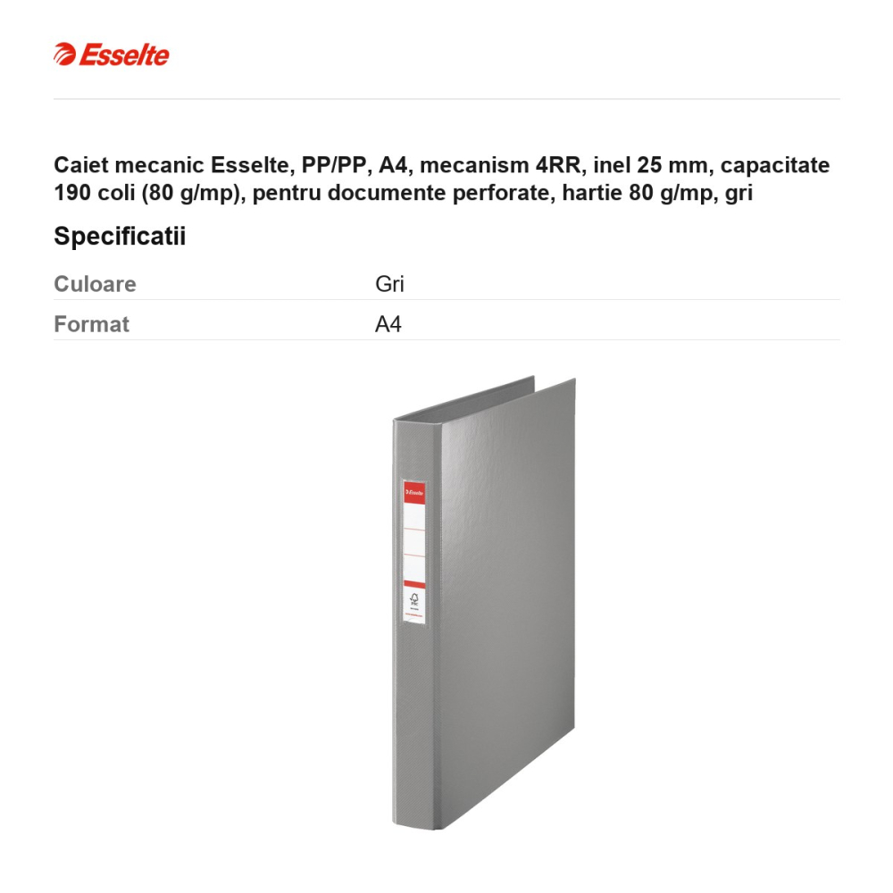 Caiet mecanic Esselte, PP/PP, A4, mecanism 4RR, inel 25 mm, capacitate 190 coli (80 g/mp), pentru documente perforate, hartie 80 g/mp, gri [3]