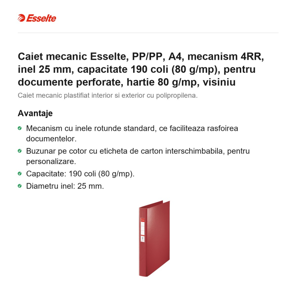 Caiet mecanic Esselte, PP/PP, A4, mecanism 4RR, inel 25 mm, capacitate 190 coli (80 g/mp), pentru documente perforate, hartie 80 g/mp, visiniu [2]