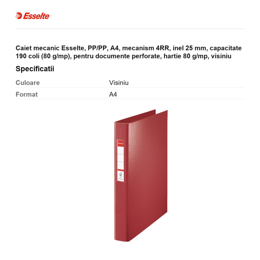 Caiet mecanic Esselte, PP/PP, A4, mecanism 4RR, inel 25 mm, capacitate 190 coli (80 g/mp), pentru documente perforate, hartie 80 g/mp, visiniu [3]