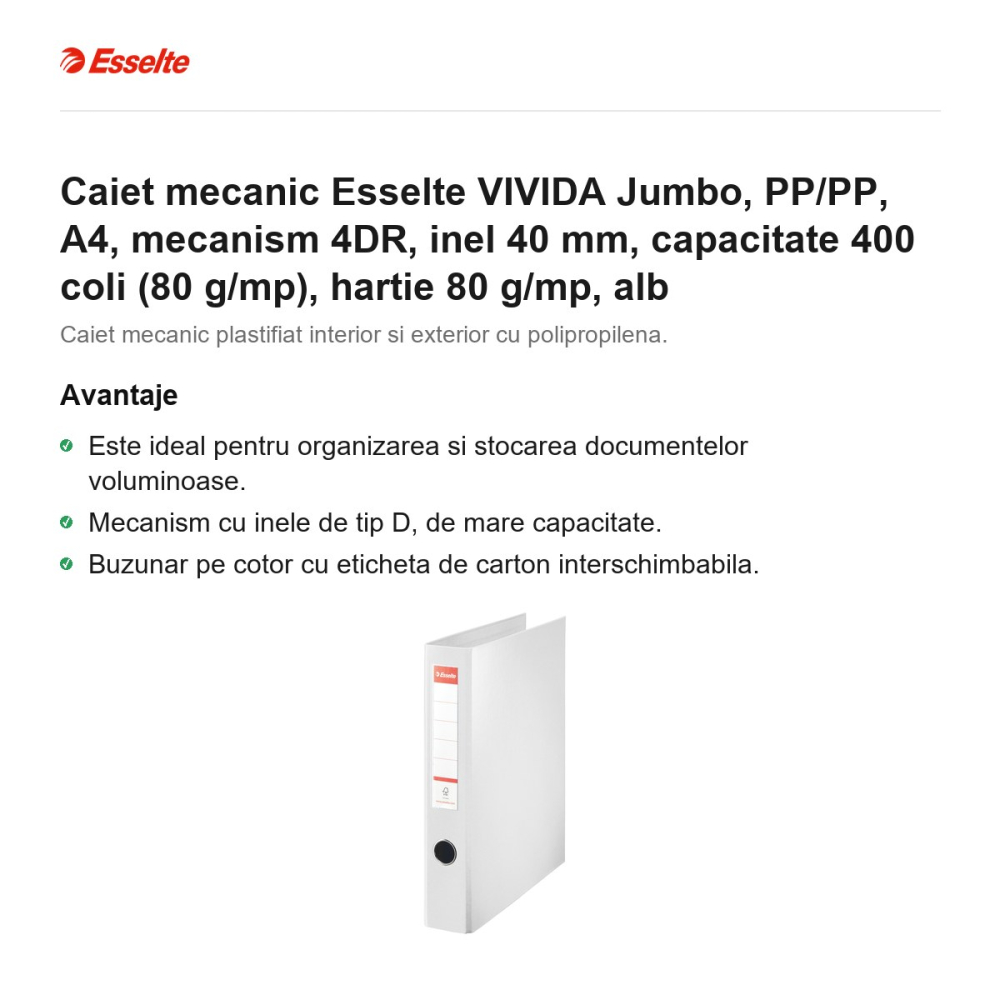 Caiet mecanic Esselte VIVIDA Jumbo, PP/PP, A4, mecanism 4DR, inel 40 mm, capacitate 400 coli (80 g/mp), hartie 80 g/mp, alb [2]