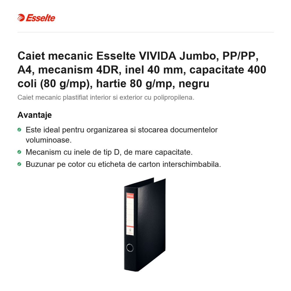 Caiet mecanic Esselte VIVIDA Jumbo, PP/PP, A4, mecanism 4DR, inel 40 mm, capacitate 400 coli (80 g/mp), hartie 80 g/mp, negru [2]