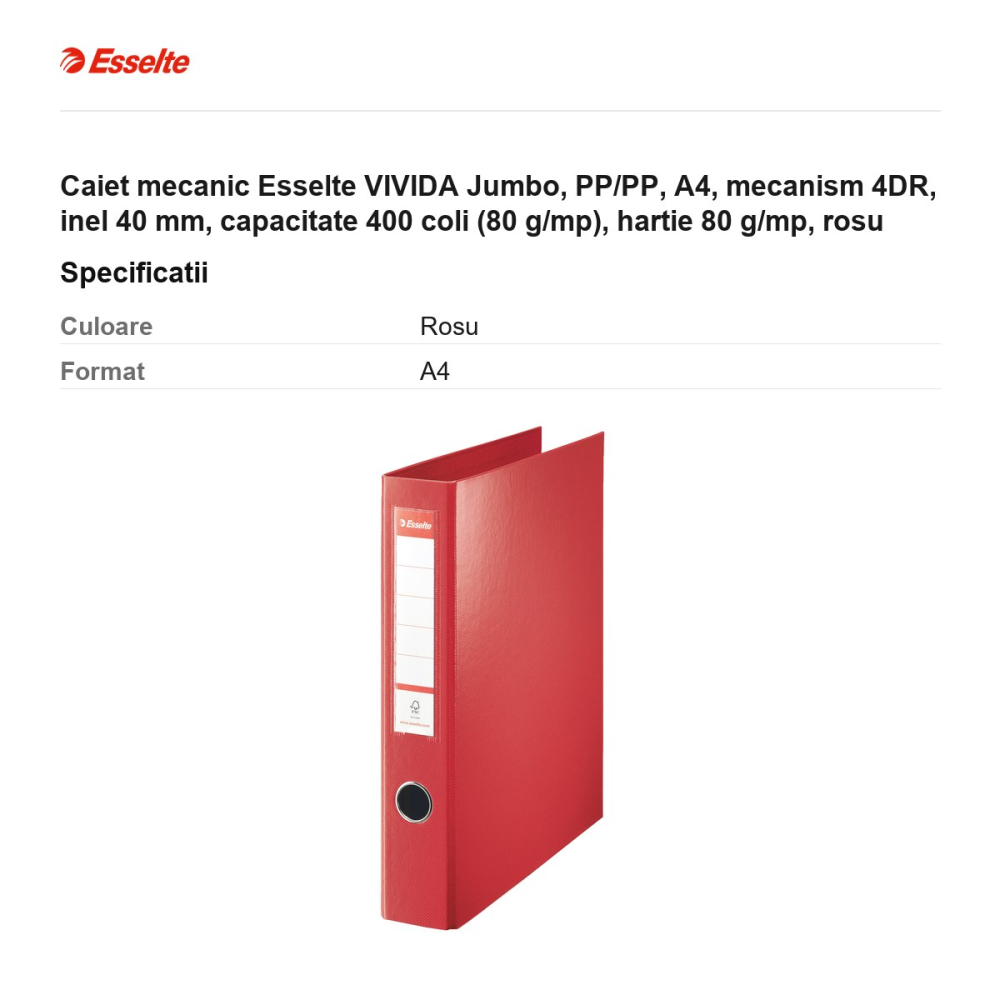 Caiet mecanic Esselte VIVIDA Jumbo, PP/PP, A4, mecanism 4DR, inel 40 mm, capacitate 400 coli (80 g/mp), hartie 80 g/mp, rosu [3]