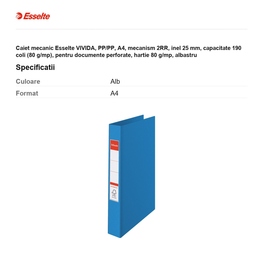 Caiet mecanic Esselte VIVIDA, PP/PP, A4, mecanism 2RR, inel 25 mm, capacitate 190 coli (80 g/mp), pentru documente perforate, hartie 80 g/mp, albastru [3]