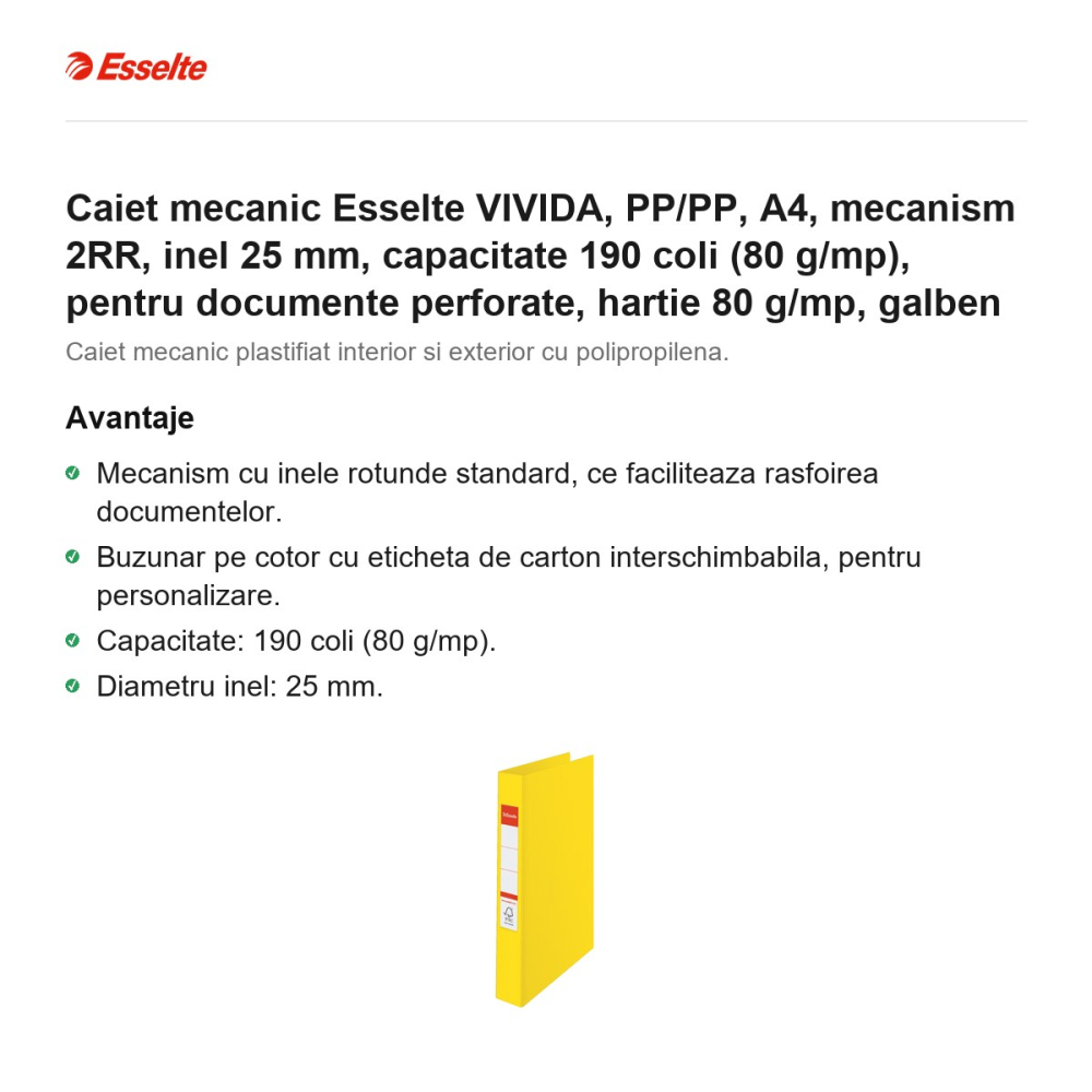 Caiet mecanic Esselte VIVIDA, PP/PP, A4, mecanism 2RR, inel 25 mm, capacitate 190 coli (80 g/mp), pentru documente perforate, hartie 80 g/mp, galben [2]
