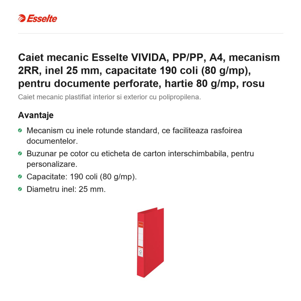 Caiet mecanic Esselte VIVIDA, PP/PP, A4, mecanism 2RR, inel 25 mm, capacitate 190 coli (80 g/mp), pentru documente perforate, hartie 80 g/mp, rosu [2]