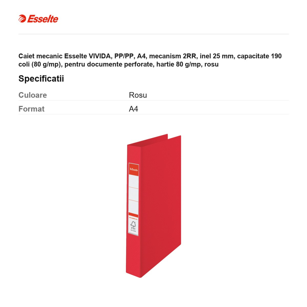 Caiet mecanic Esselte VIVIDA, PP/PP, A4, mecanism 2RR, inel 25 mm, capacitate 190 coli (80 g/mp), pentru documente perforate, hartie 80 g/mp, rosu [3]