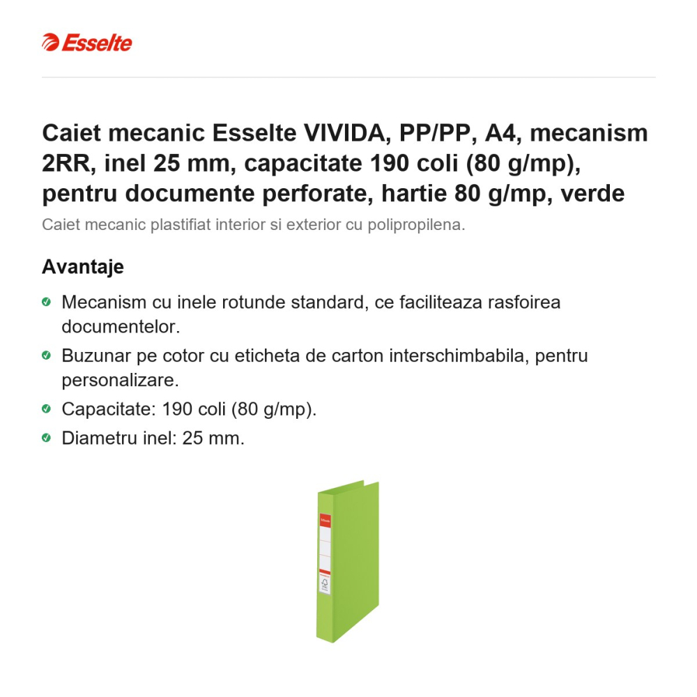 Caiet mecanic Esselte VIVIDA, PP/PP, A4, mecanism 2RR, inel 25 mm, capacitate 190 coli (80 g/mp), pentru documente perforate, hartie 80 g/mp, verde [2]