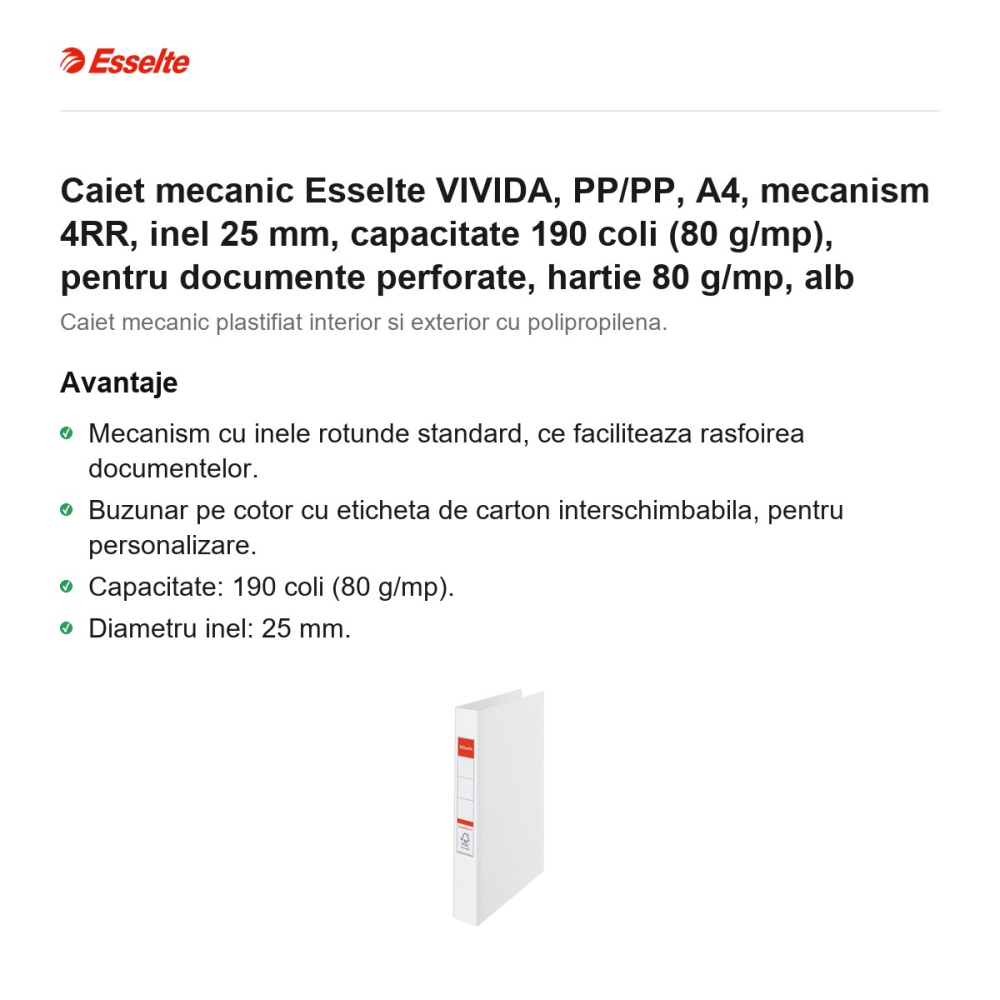 Caiet mecanic Esselte VIVIDA, PP/PP, A4, mecanism 4RR, inel 25 mm, capacitate 190 coli (80 g/mp), pentru documente perforate, hartie 80 g/mp, alb [2]