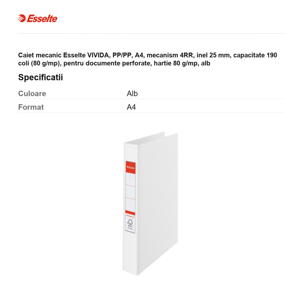 Caiet mecanic Esselte VIVIDA, PP/PP, A4, mecanism 4RR, inel 25 mm, capacitate 190 coli (80 g/mp), pentru documente perforate, hartie 80 g/mp, alb [3]