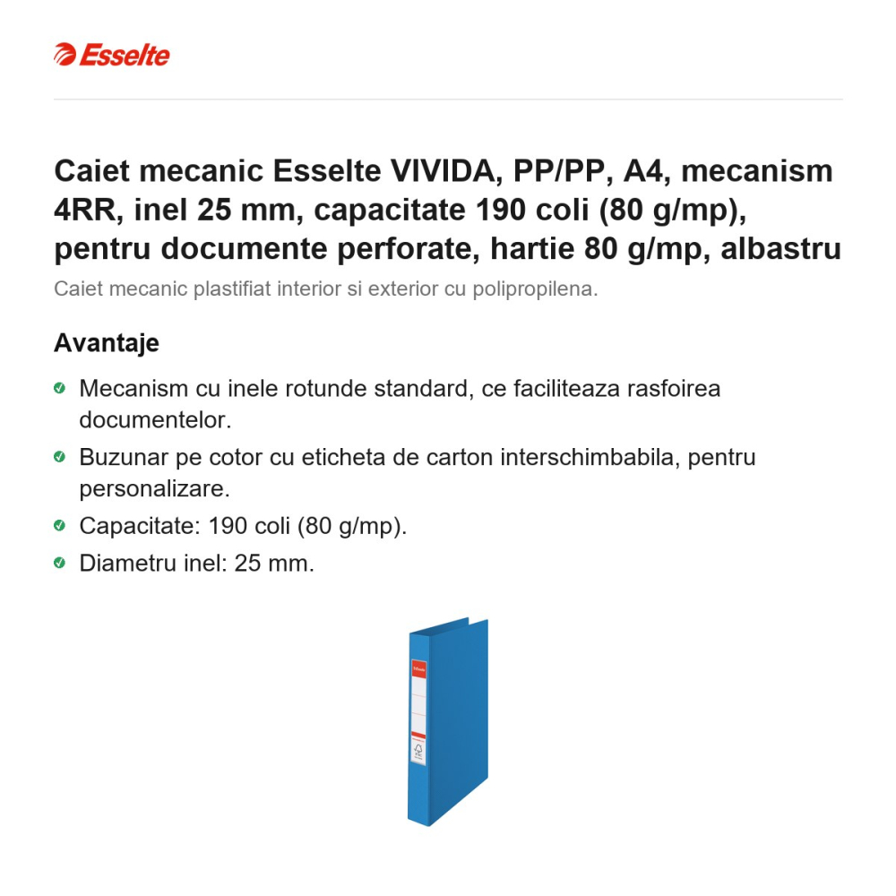 Caiet mecanic Esselte VIVIDA, PP/PP, A4, mecanism 4RR, inel 25 mm, capacitate 190 coli (80 g/mp), pentru documente perforate, hartie 80 g/mp, albastru [2]