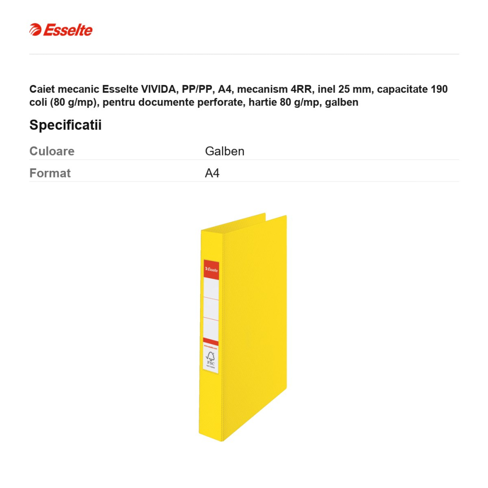 Caiet mecanic Esselte VIVIDA, PP/PP, A4, mecanism 4RR, inel 25 mm, capacitate 190 coli (80 g/mp), pentru documente perforate, hartie 80 g/mp, galben [3]