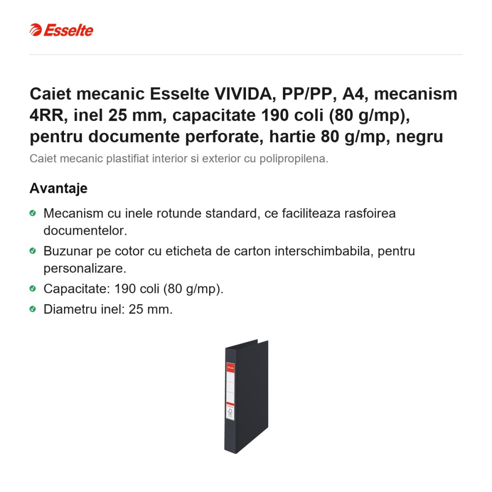 Caiet mecanic Esselte VIVIDA, PP/PP, A4, mecanism 4RR, inel 25 mm, capacitate 190 coli (80 g/mp), pentru documente perforate, hartie 80 g/mp, negru [2]