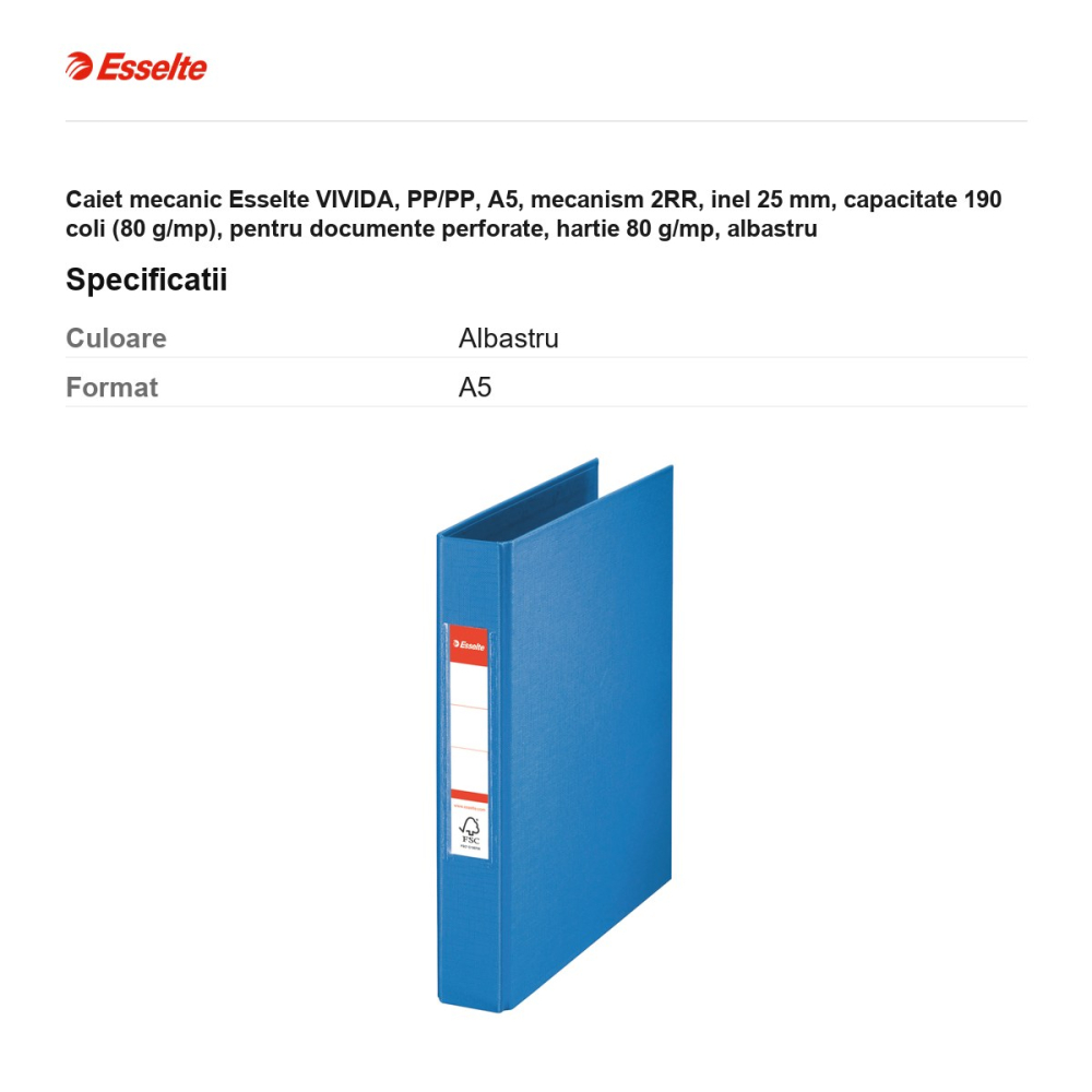 Caiet mecanic Esselte VIVIDA, PP/PP, A5, mecanism 2RR, inel 25 mm, capacitate 190 coli (80 g/mp), pentru documente perforate, hartie 80 g/mp, albastru [3]
