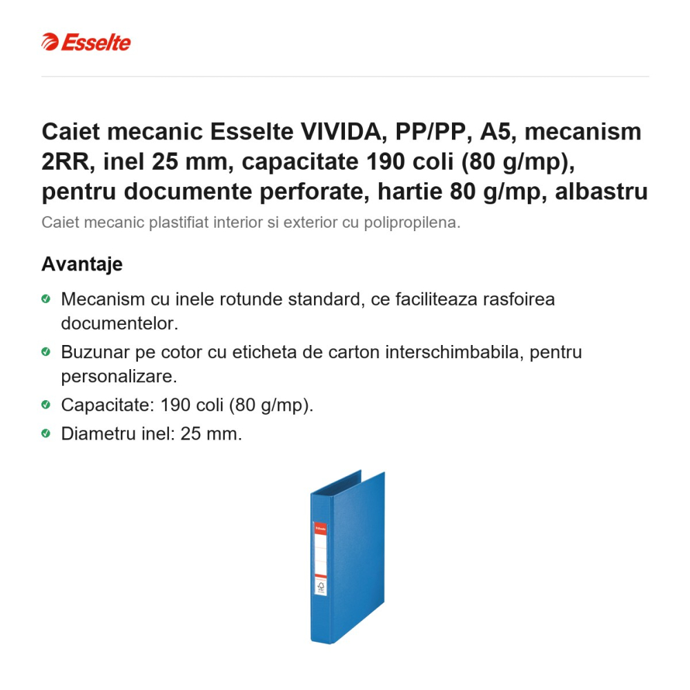 Caiet mecanic Esselte VIVIDA, PP/PP, A5, mecanism 2RR, inel 25 mm, capacitate 190 coli (80 g/mp), pentru documente perforate, hartie 80 g/mp, albastru [2]
