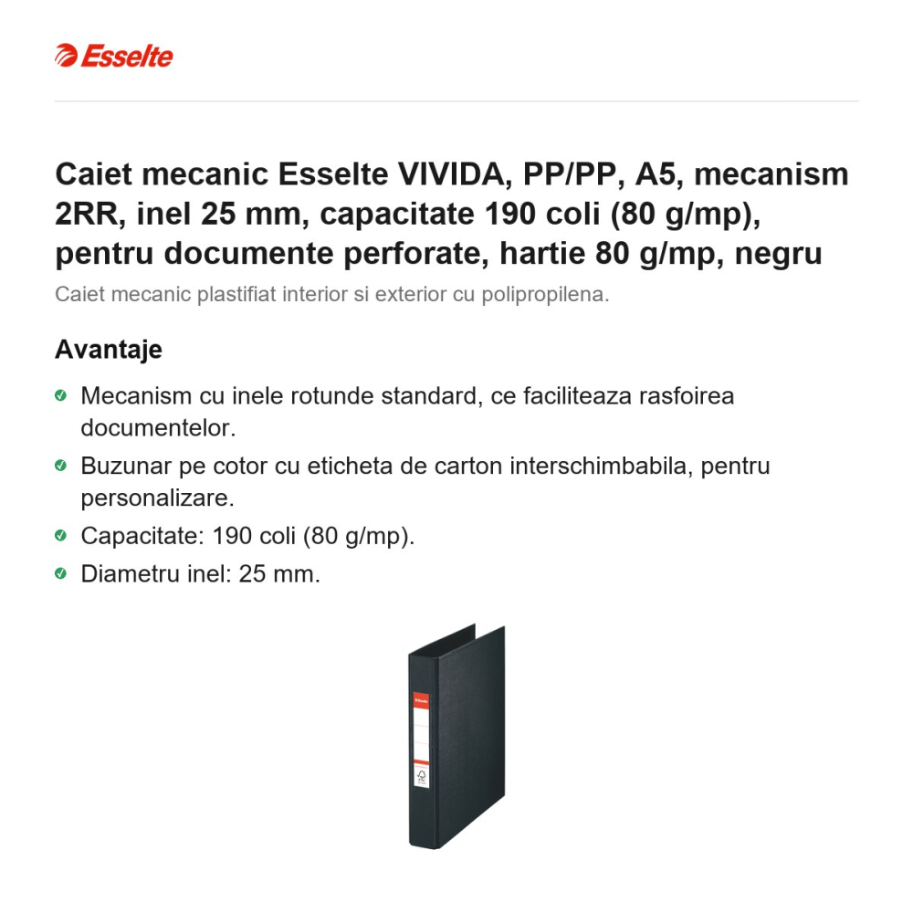 Caiet mecanic Esselte VIVIDA, PP/PP, A5, mecanism 2RR, inel 25 mm, capacitate 190 coli (80 g/mp), pentru documente perforate, hartie 80 g/mp, negru [2]