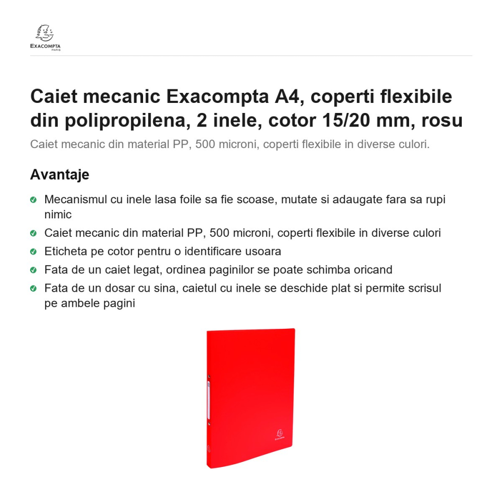 Caiet mecanic Exacompta A4, coperti flexibile din polipropilena, 2 inele, cotor 15/20 mm, rosu [2]
