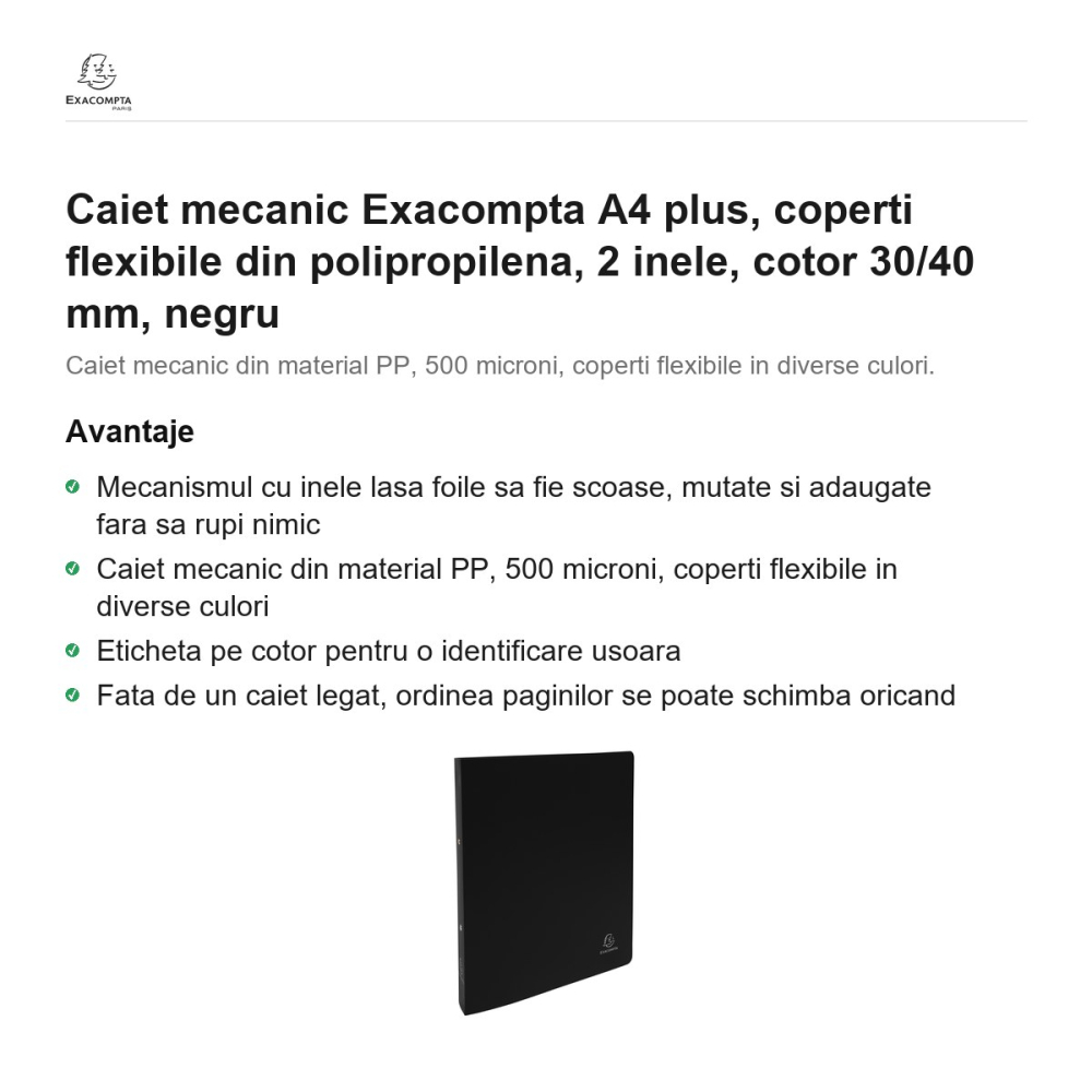 Caiet mecanic Exacompta A4 plus, coperti flexibile din polipropilena, 2 inele, cotor 30/40 mm, negru [2]