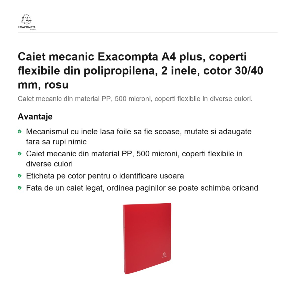 Caiet mecanic Exacompta A4 plus, coperti flexibile din polipropilena, 2 inele, cotor 30/40 mm, rosu [2]