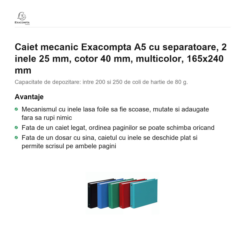 Caiet mecanic Exacompta A5 cu separatoare, 2 inele 25 mm, cotor 40 mm, multicolor, 165x240 mm [2]
