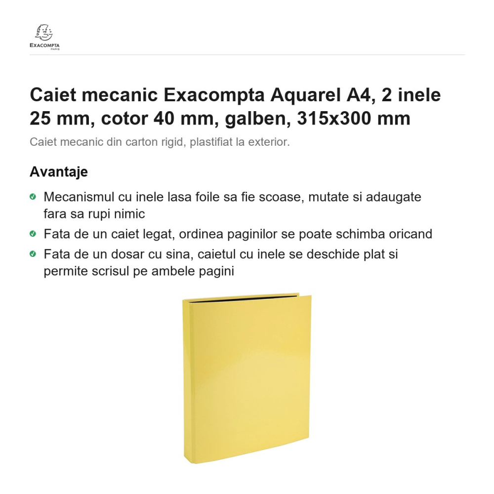 Caiet mecanic Exacompta Aquarel A4, 2 inele 25 mm, cotor 40 mm, galben, 315x300 mm [2]