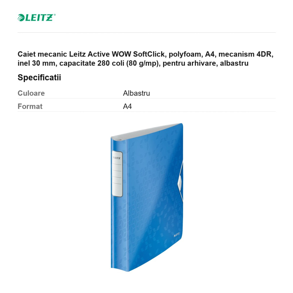 Caiet mecanic Leitz Active WOW SoftClick, polyfoam, A4, mecanism 4DR, inel 30 mm, capacitate 280 coli (80 g/mp), pentru arhivare, albastru [3]