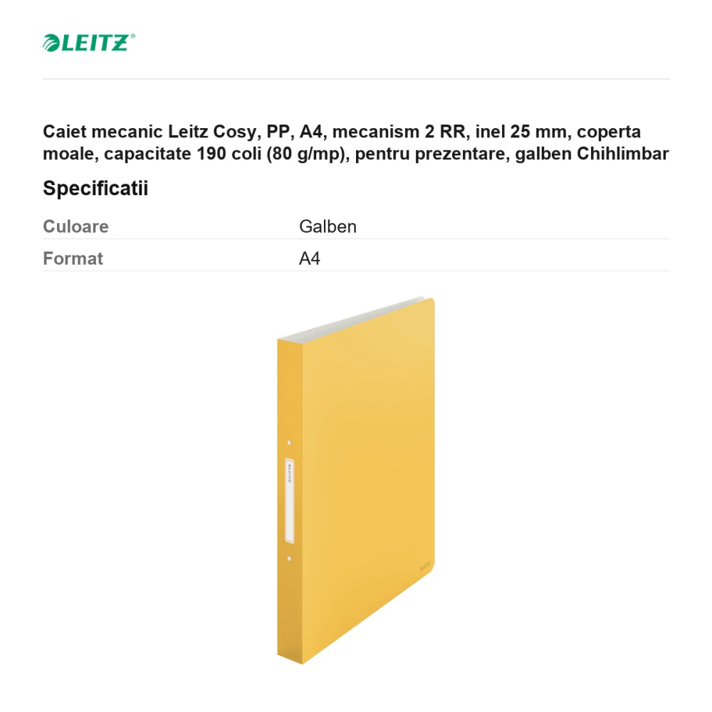 Caiet mecanic Leitz Cosy, PP, A4, mecanism 2 RR, inel 25 mm, coperta moale, capacitate 190 coli (80 g/mp), pentru prezentare, galben Chihlimbar [3]