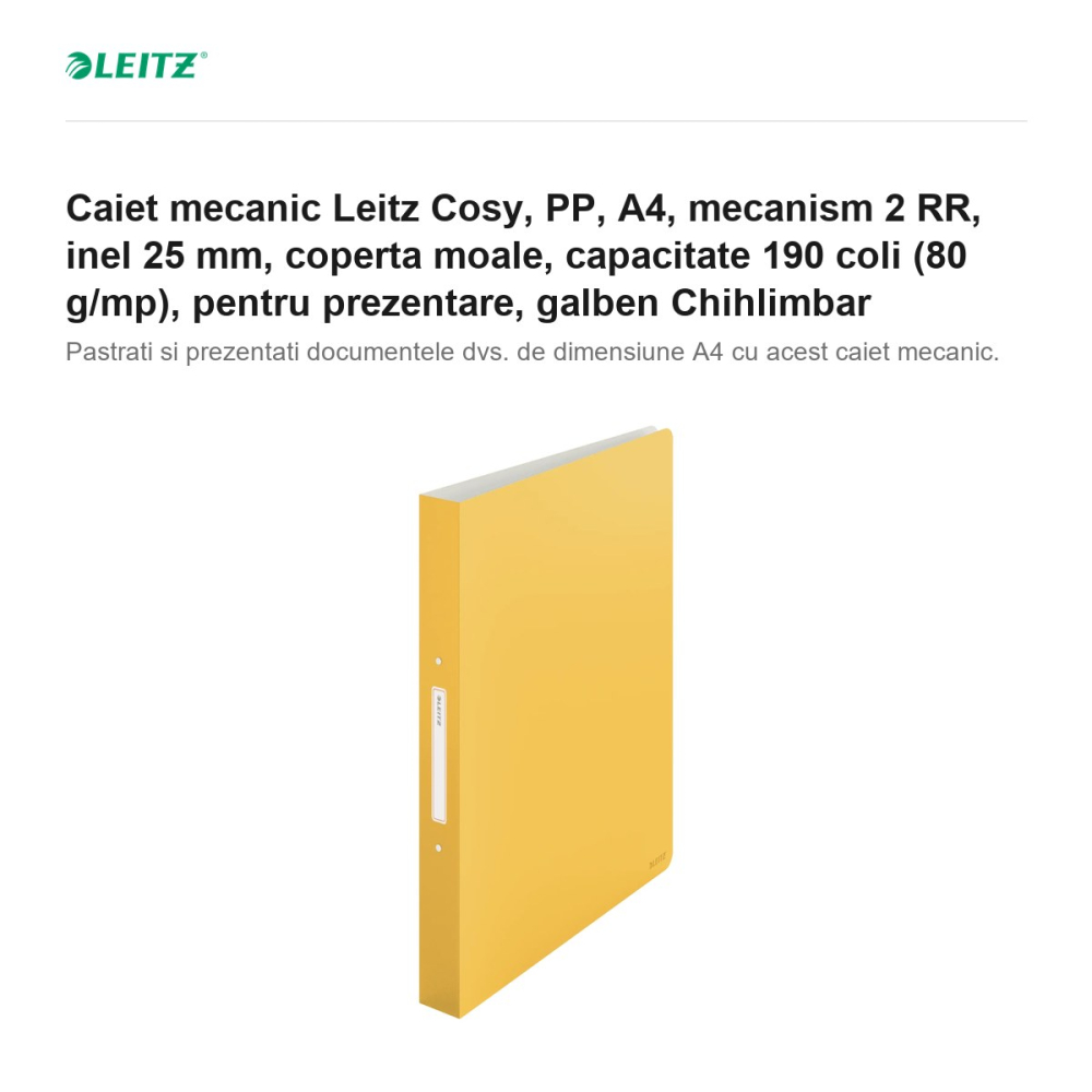 Caiet mecanic Leitz Cosy, PP, A4, mecanism 2 RR, inel 25 mm, coperta moale, capacitate 190 coli (80 g/mp), pentru prezentare, galben Chihlimbar [2]