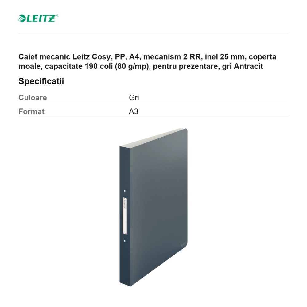 Caiet mecanic Leitz Cosy, PP, A4, mecanism 2 RR, inel 25 mm, coperta moale, capacitate 190 coli (80 g/mp), pentru prezentare, gri Antracit [3]