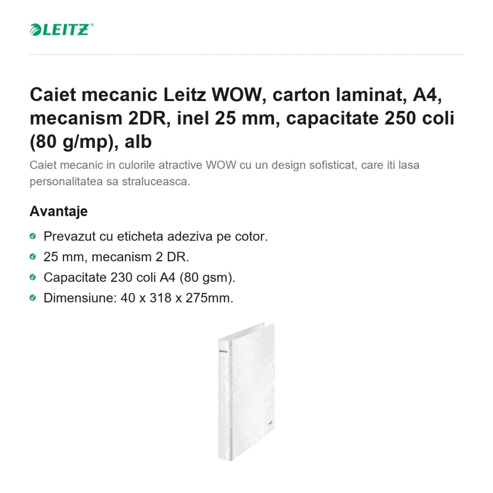 Caiet mecanic Leitz WOW, carton laminat, A4, mecanism 2DR, inel 25 mm, capacitate 250 coli (80 g/mp), alb [2]
