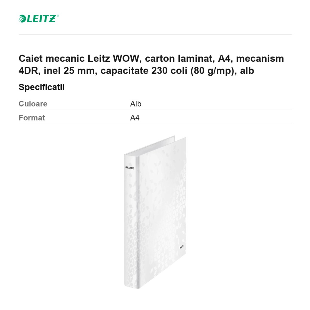 Caiet mecanic Leitz WOW, carton laminat, A4, mecanism 4DR, inel 25 mm, capacitate 230 coli (80 g/mp), alb [3]