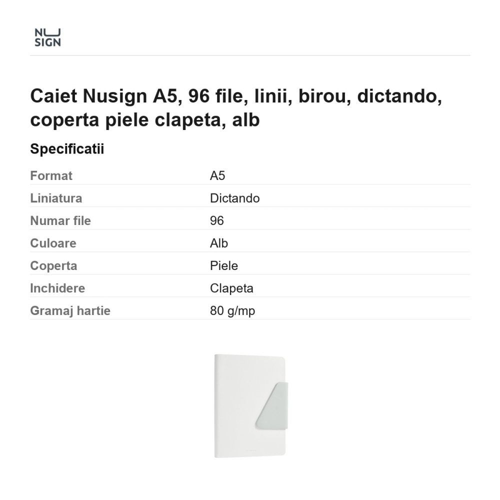 Caiet Nusign A5, 96 file, linii, birou, dictando, coperta piele clapeta, alb [3]
