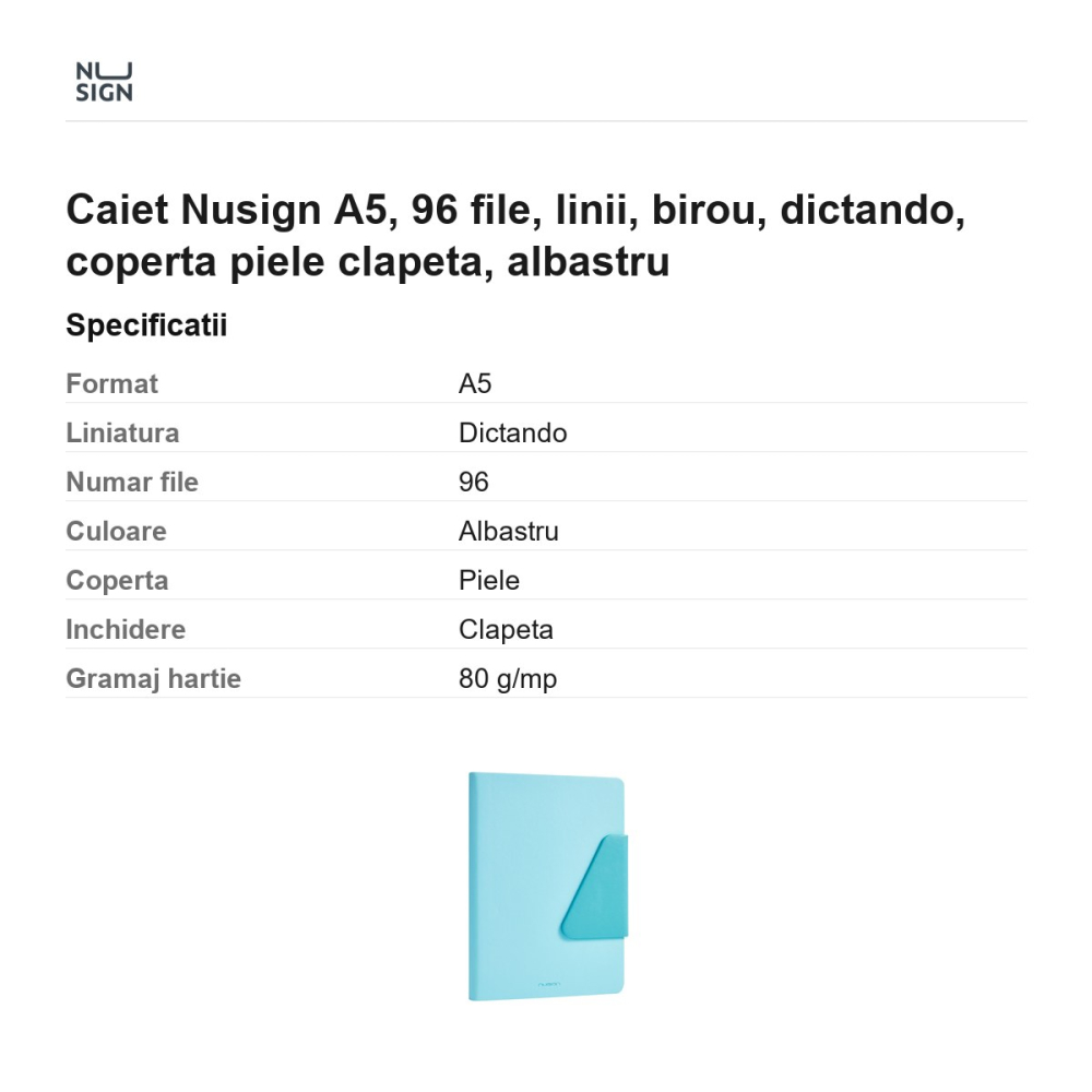 Caiet Nusign A5, 96 file, linii, birou, dictando, coperta piele clapeta, albastru [3]