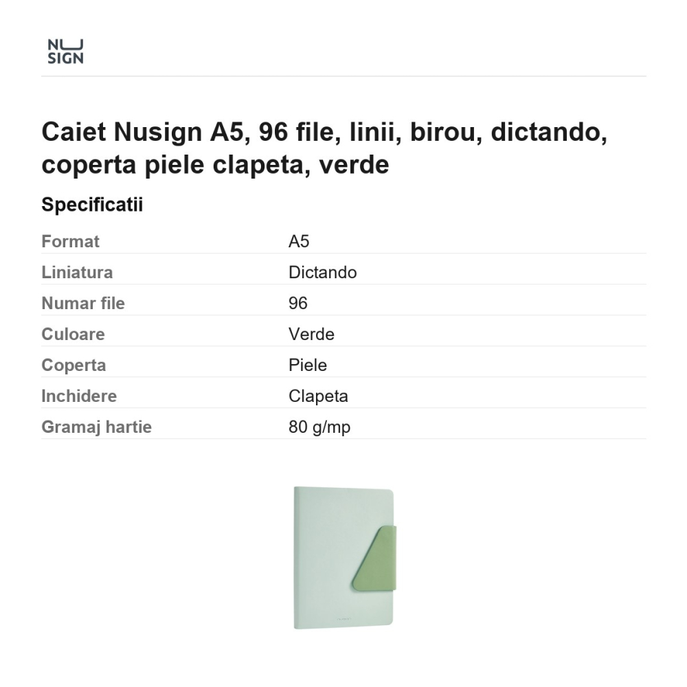 Caiet Nusign A5, 96 file, linii, birou, dictando, coperta piele clapeta, verde [3]
