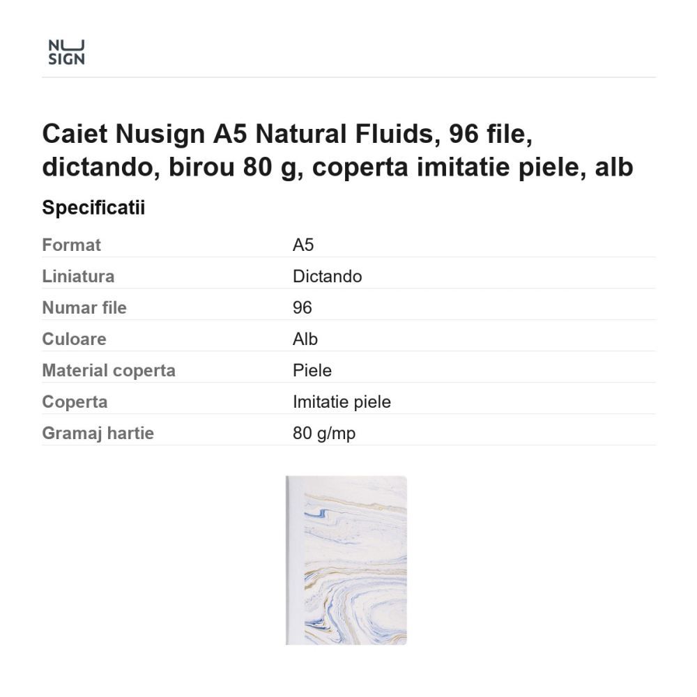 Caiet Nusign A5 Natural Fluids, 96 file, dictando, birou 80 g, coperta imitatie piele, alb [3]
