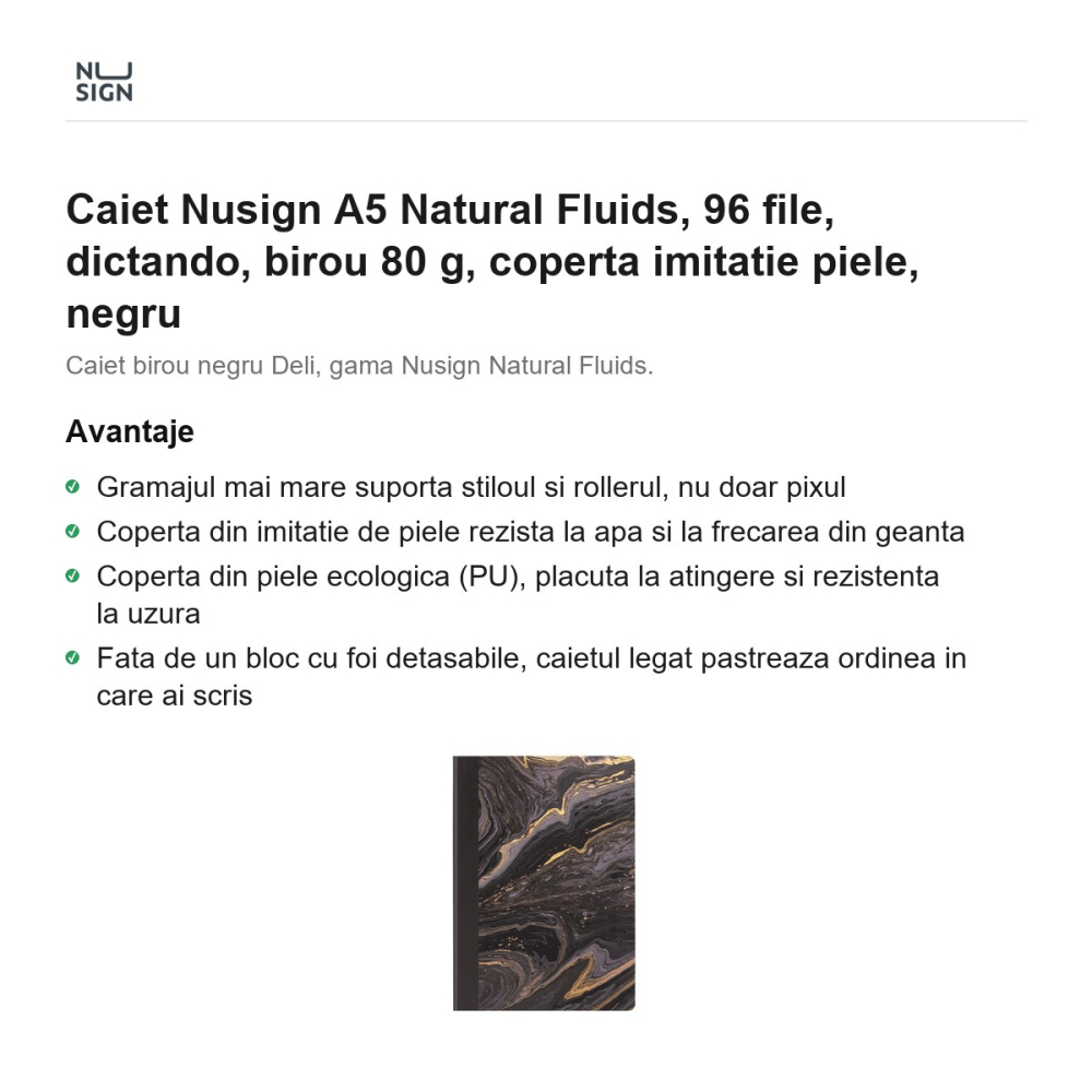 Caiet Nusign A5 Natural Fluids, 96 file, dictando, birou 80 g, coperta imitatie piele, negru [2]