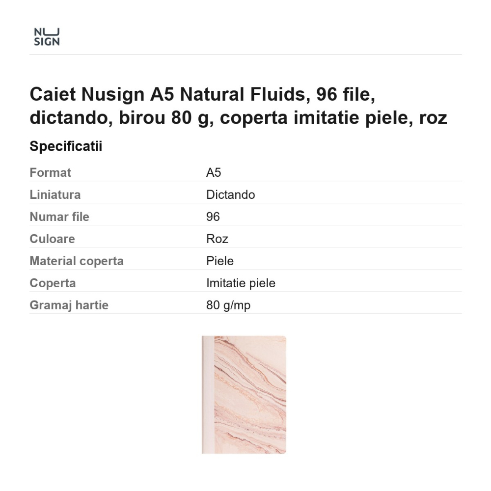 Caiet Nusign A5 Natural Fluids, 96 file, dictando, birou 80 g, coperta imitatie piele, roz [3]