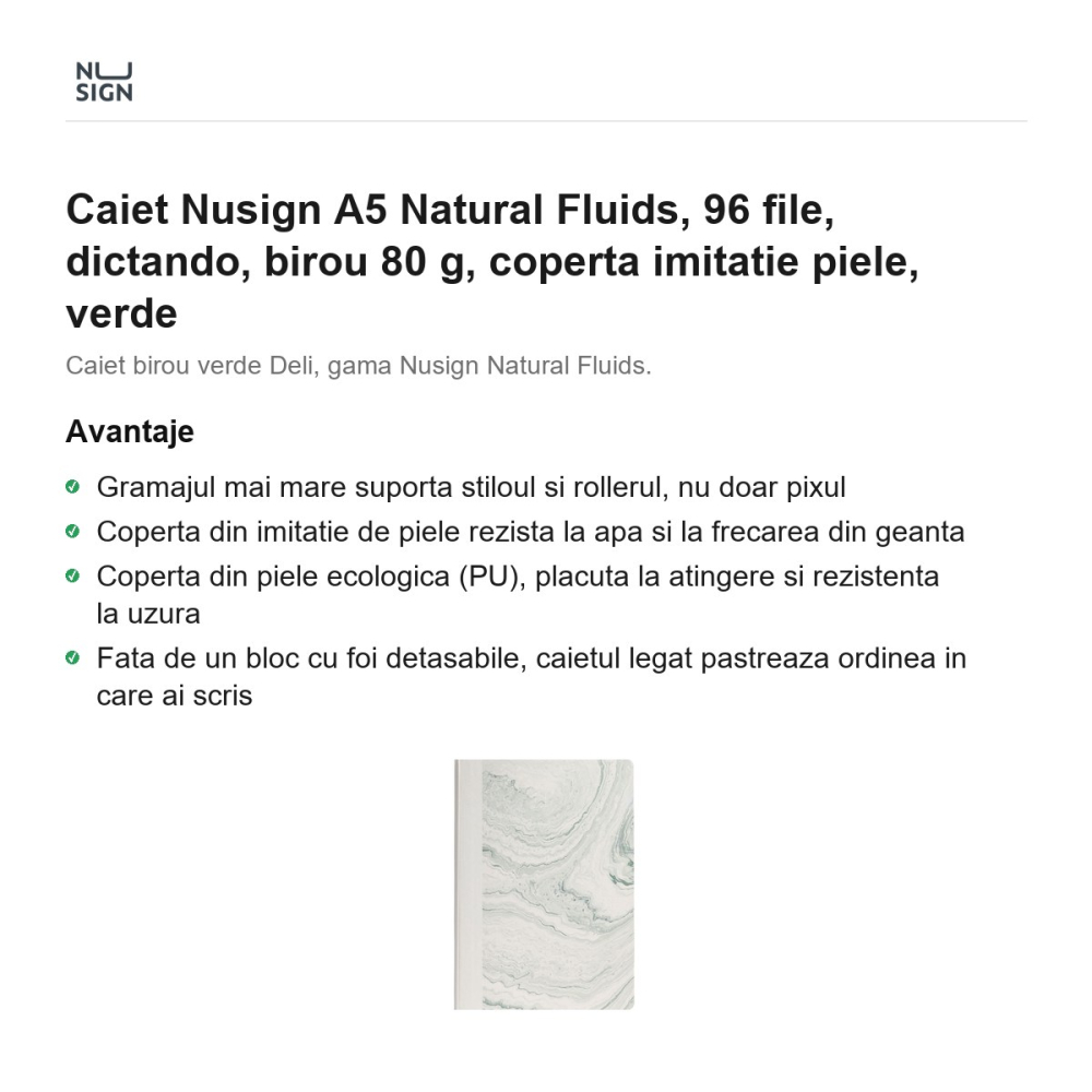 Caiet Nusign A5 Natural Fluids, 96 file, dictando, birou 80 g, coperta imitatie piele, verde [2]
