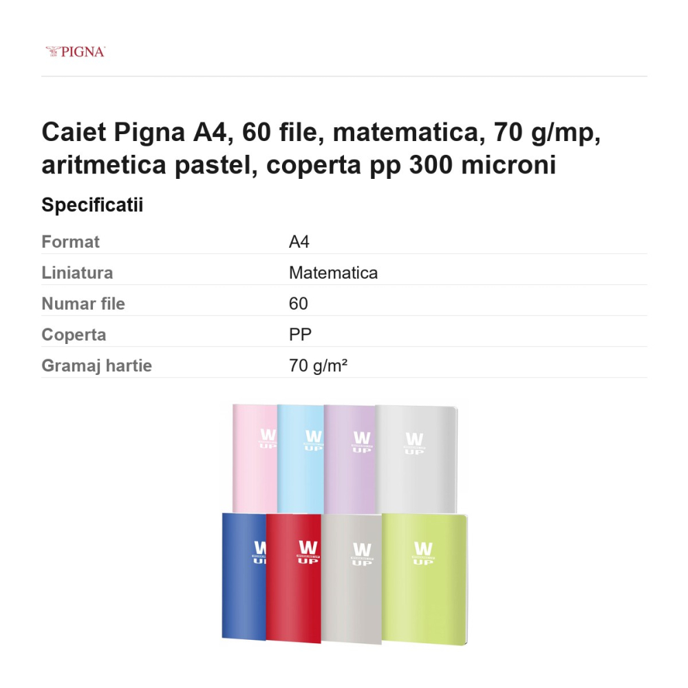 Caiet Pigna A4, 60 file, matematica, 70 g/mp, aritmetica pastel, coperta pp 300 microni [3]