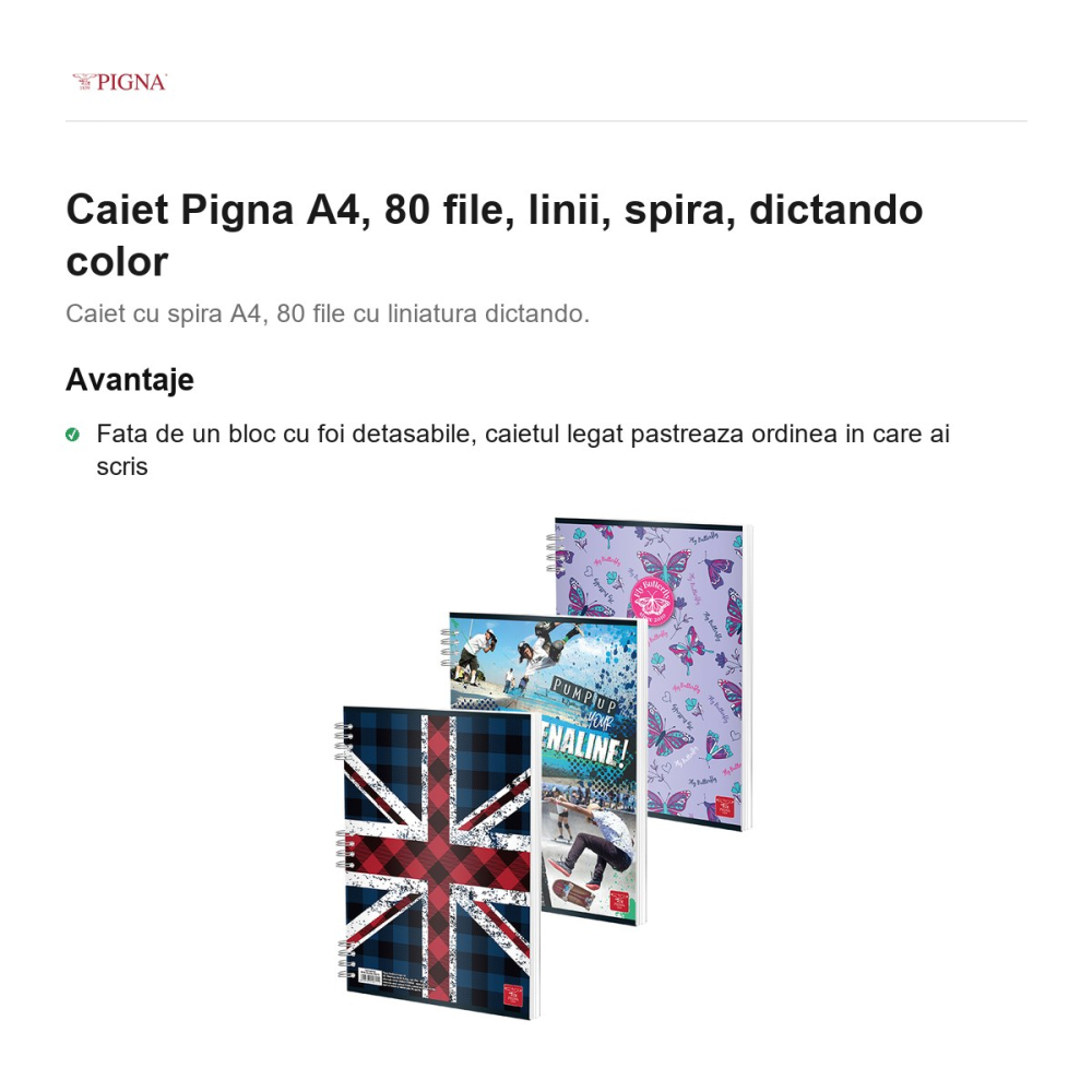 Caiet Pigna A4, 80 file, linii, spira, dictando color [2]