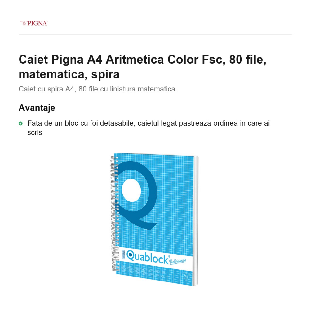 Caiet Pigna A4 Aritmetica Color Fsc, 80 file, matematica, spira [2]