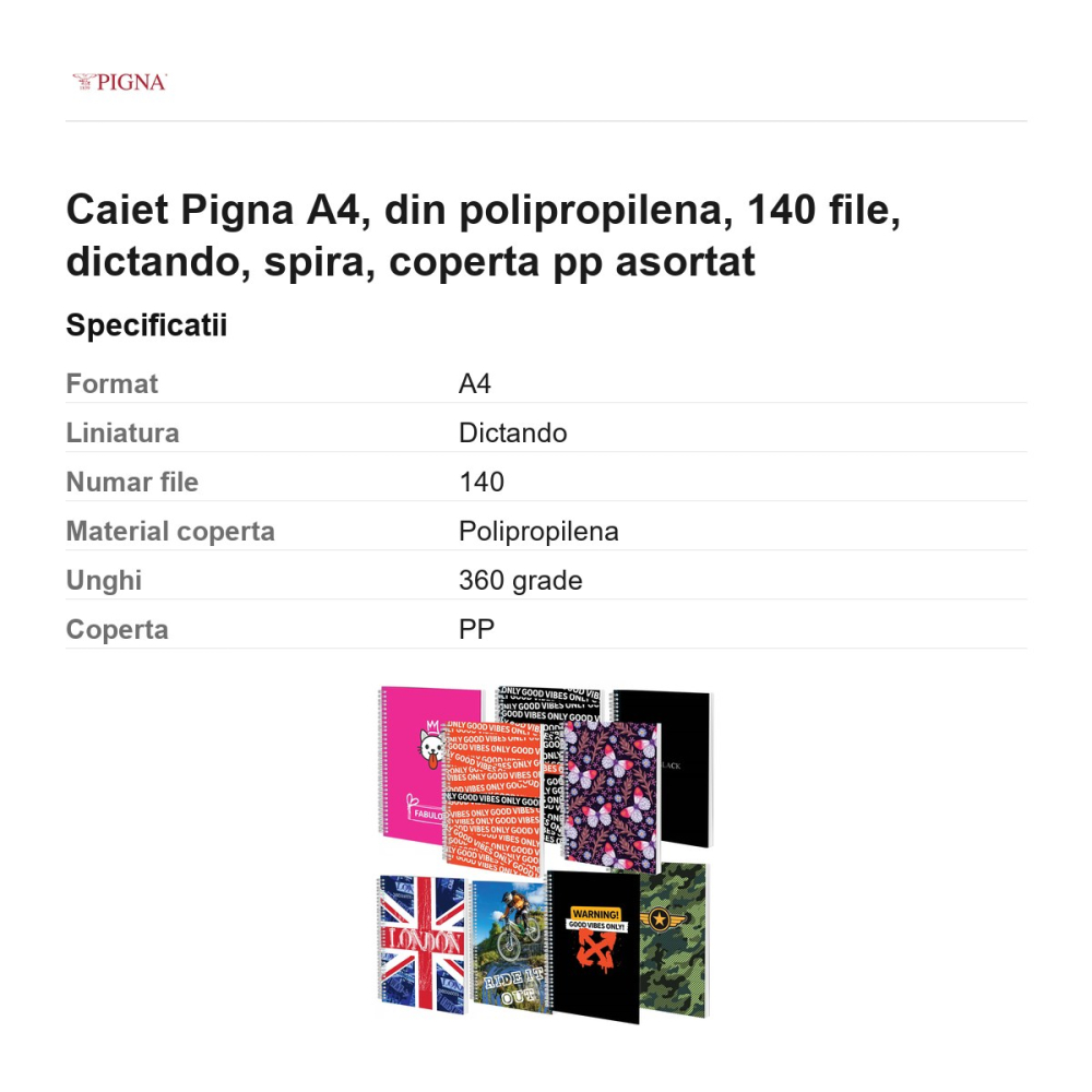 Caiet Pigna A4, din polipropilena, 140 file, dictando, spira, coperta pp asortat [3]