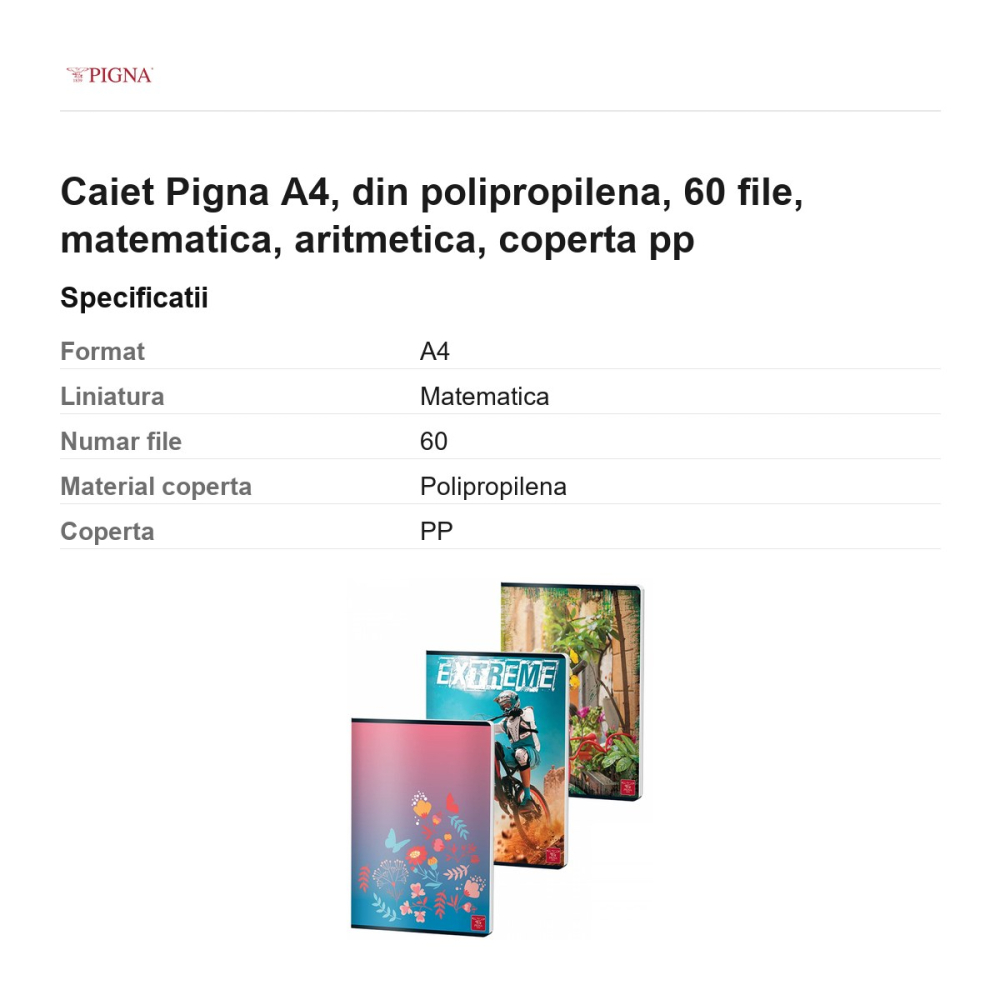 Caiet Pigna A4, din polipropilena, 60 file, matematica, aritmetica, coperta pp [3]