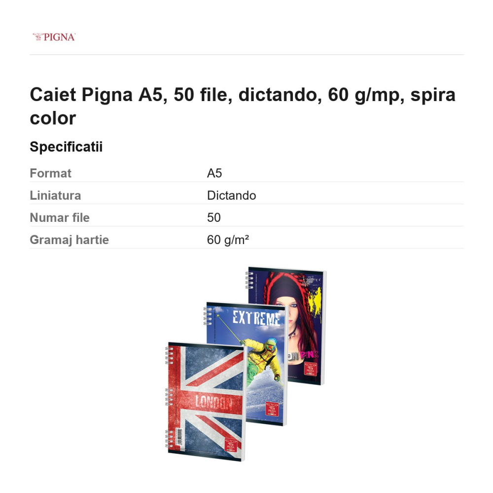 Caiet Pigna A5, 50 file, dictando, 60 g/mp, spira color [3]