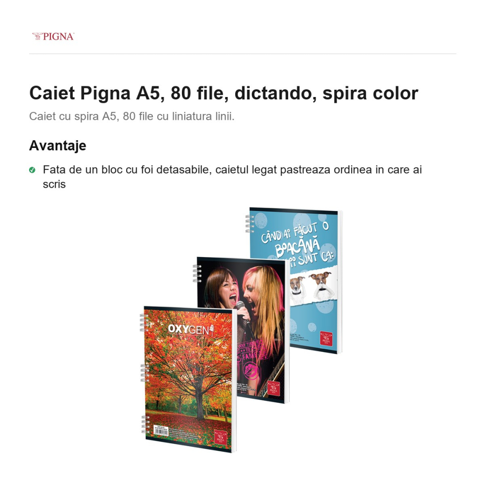 Caiet Pigna A5, 80 file, dictando, spira color [2]