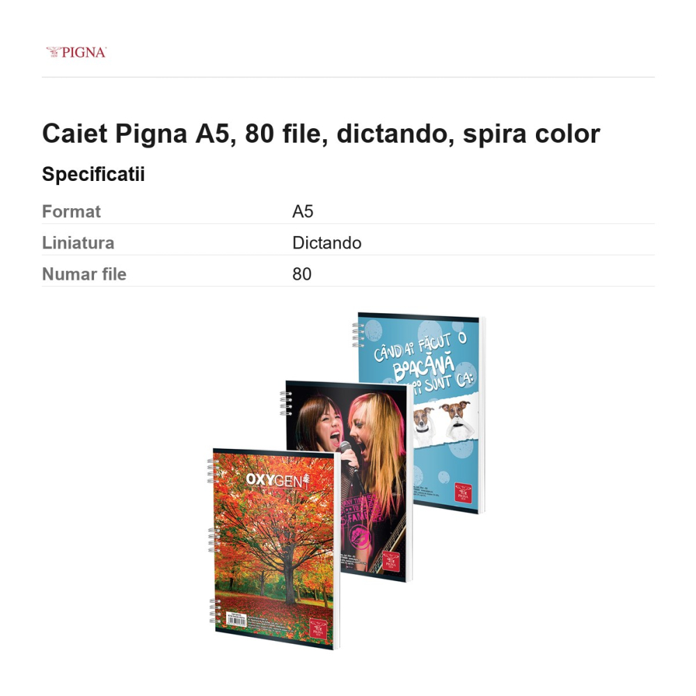 Caiet Pigna A5, 80 file, dictando, spira color [3]