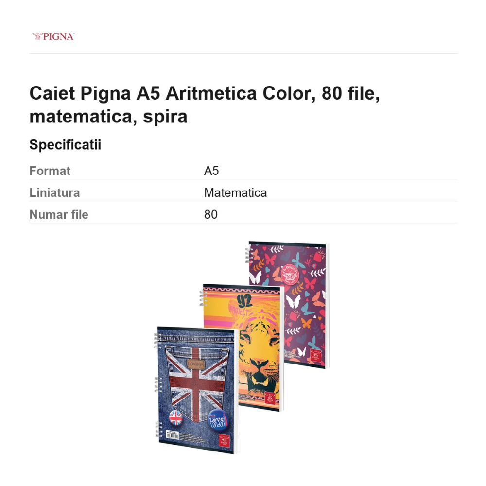 Caiet Pigna A5 Aritmetica Color, 80 file, matematica, spira [3]