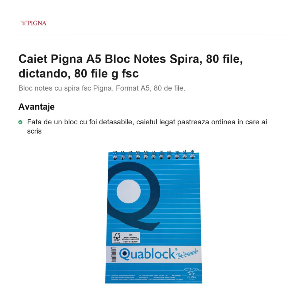 Bloc notes Pigna A5, 80 file, dictando, spira 80 g [2]