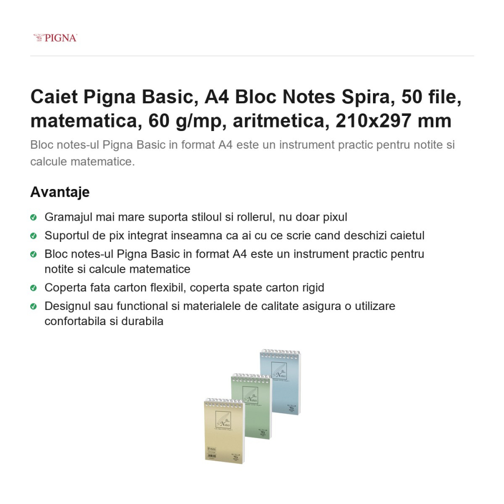 Bloc notes Pigna Basic, A4, 50 file, matematica, 60 g/mp, spira aritmetica, 210x297 mm [2]