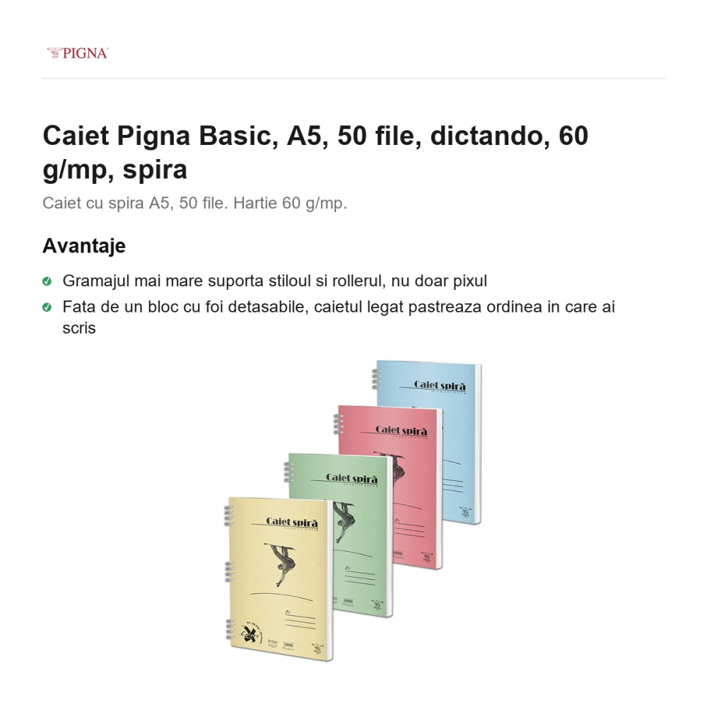 Caiet Pigna Basic, A5, 50 file, dictando, 60 g/mp, spira [2]